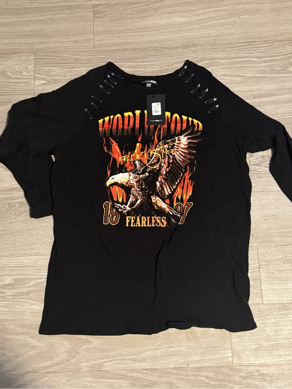 Fashion Nova Black Long Sleeve Tee with Eagle and Flame Graphic